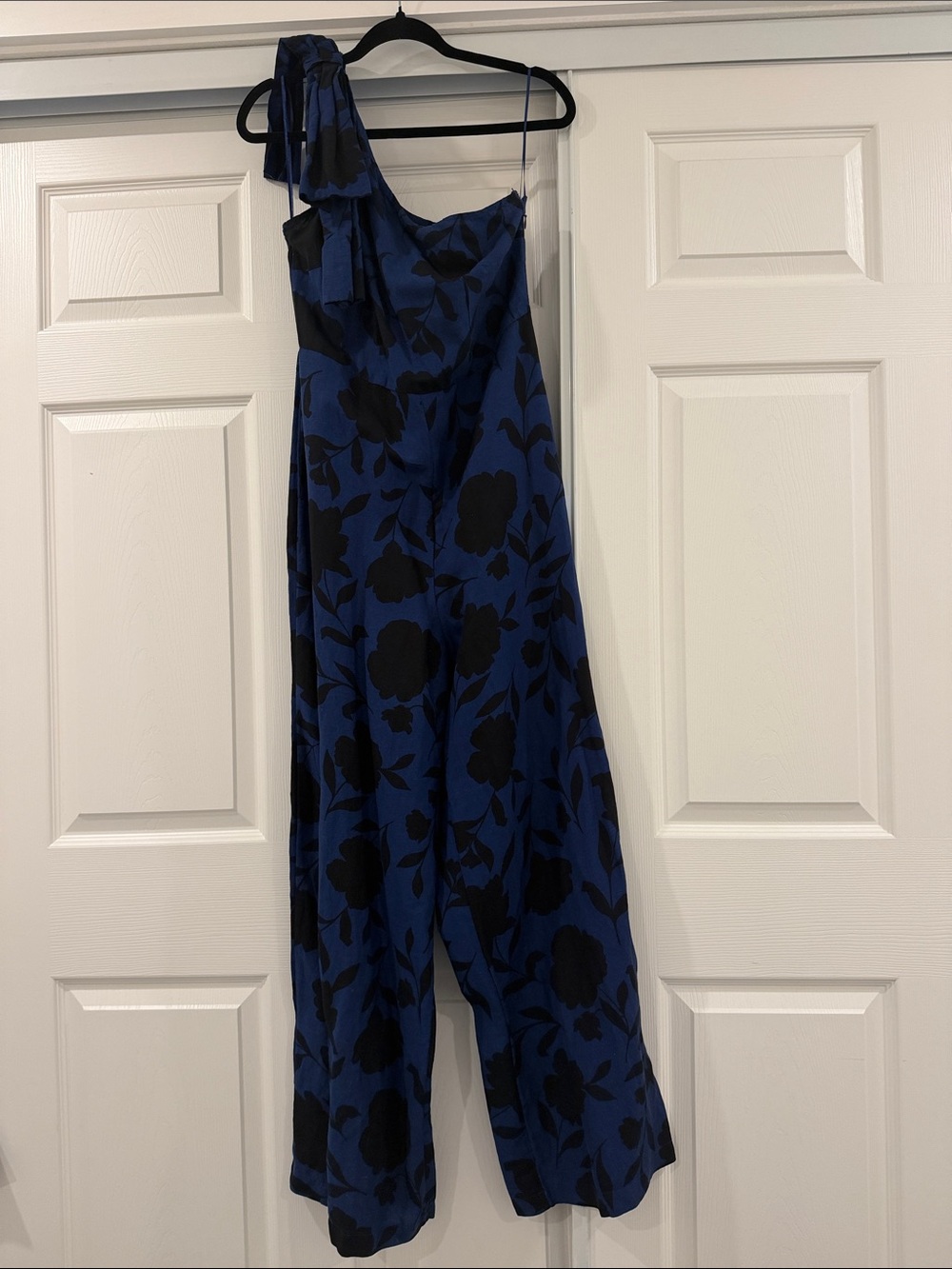 kate spade Blue and Black Floral One-Shoulder Jumpsuit with Bow